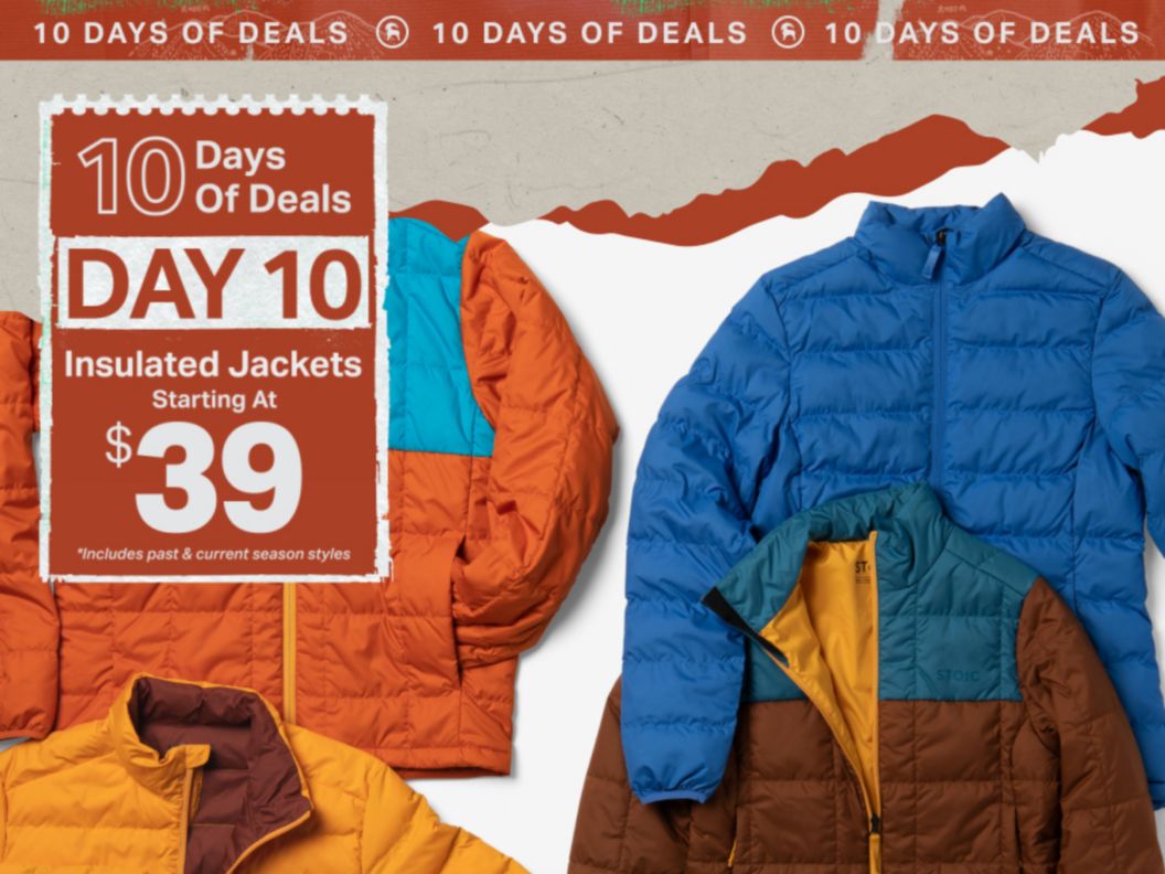 A laydown featuring puffy jackets with a graphic element in left saying “10 days of deals, Day 10, insulated jackets starting at $39 *includes past & current season styles”
